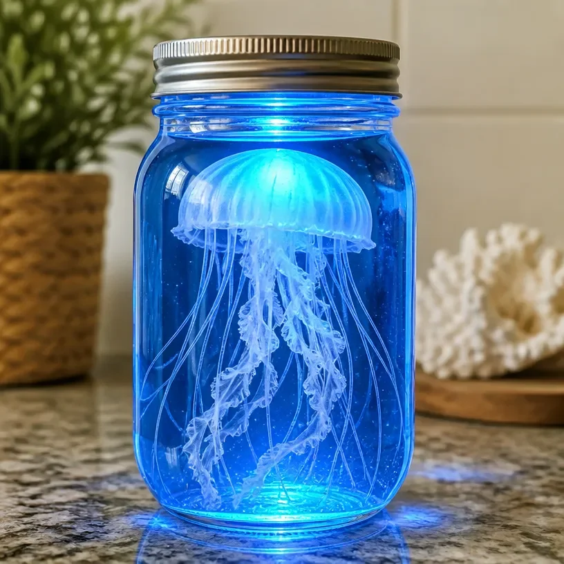 Glowing jellyfish jar night light DIY project with colorful luminous jellyfish.