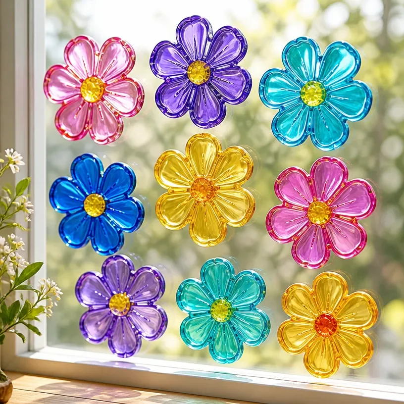 Colorful glue-on flower window cling, perfect decorative sticker for home windows.