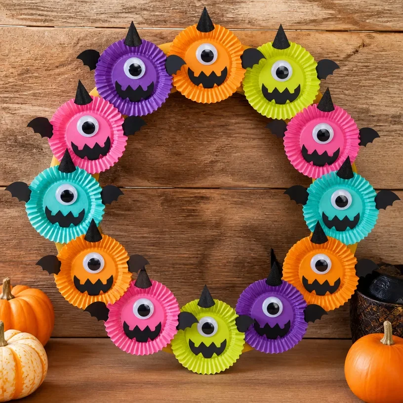 Colorful Halloween monster wreath made with rainbow cupcake liners