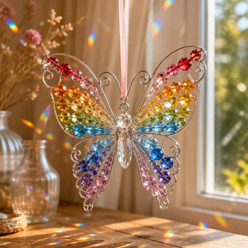 DIY crystal butterfly light catcher hanging in sunlight