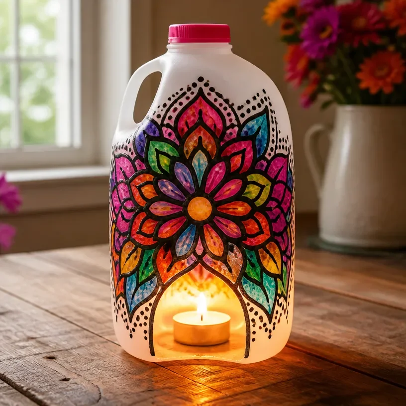 Homemade mosaic lantern made from recycled milk jugs.