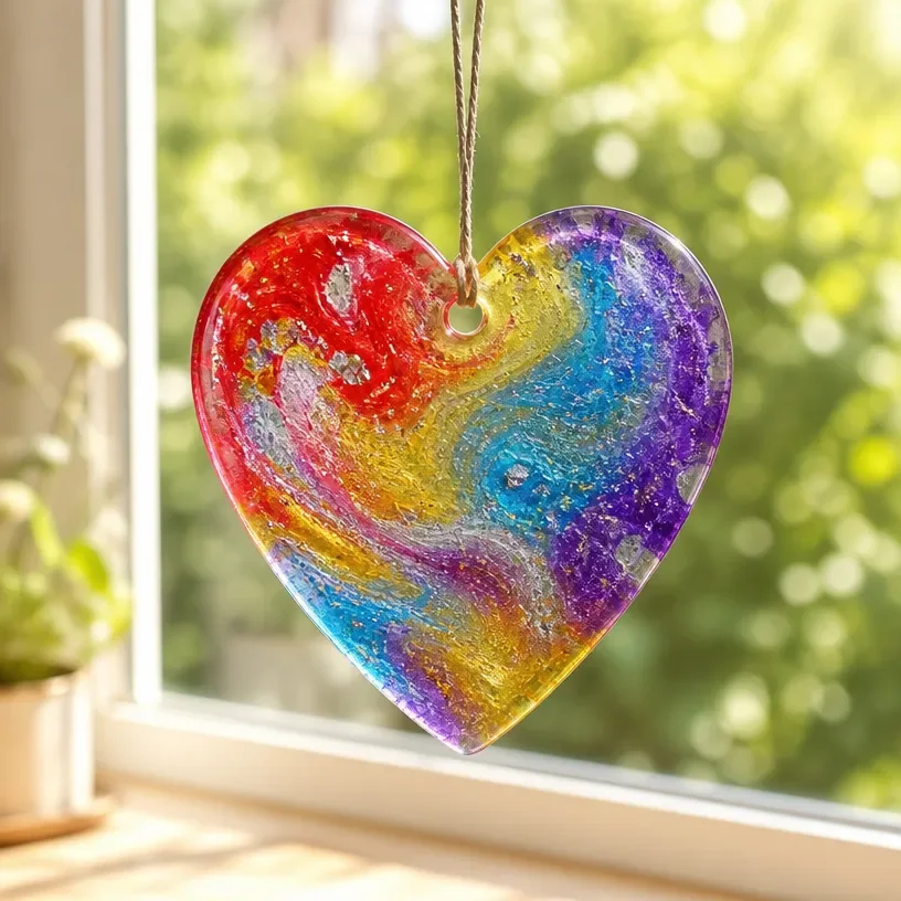 Colorful glue suncatchers hanging in a sunny window for vibrant decor