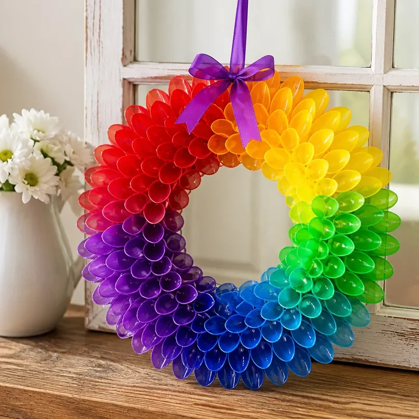 Colorful rainbow spoon wreath for vibrant home decor.