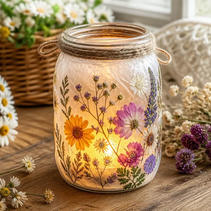 DIY Mason Jar Lantern decorated with pressed wildflowers for home decor.
