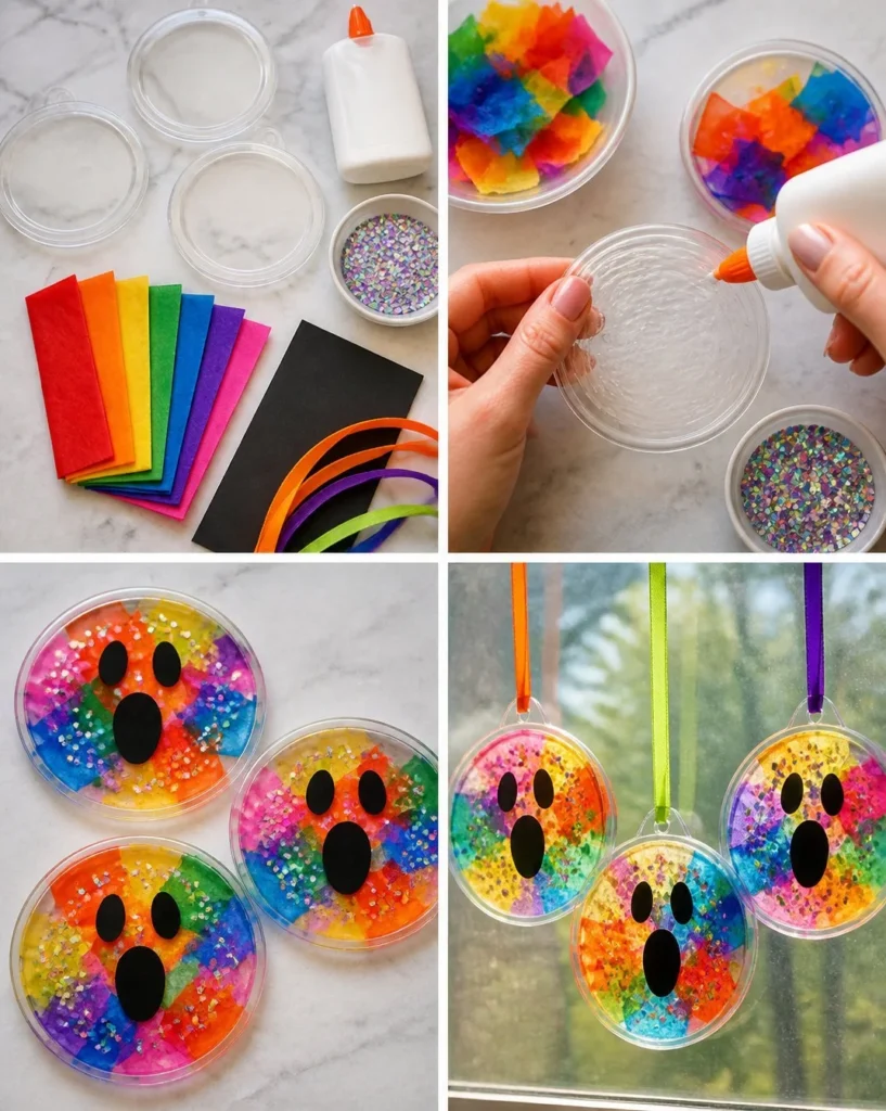 Rainbow Ghost Sun Catchers hanging in a window, creating colorful light patterns.
