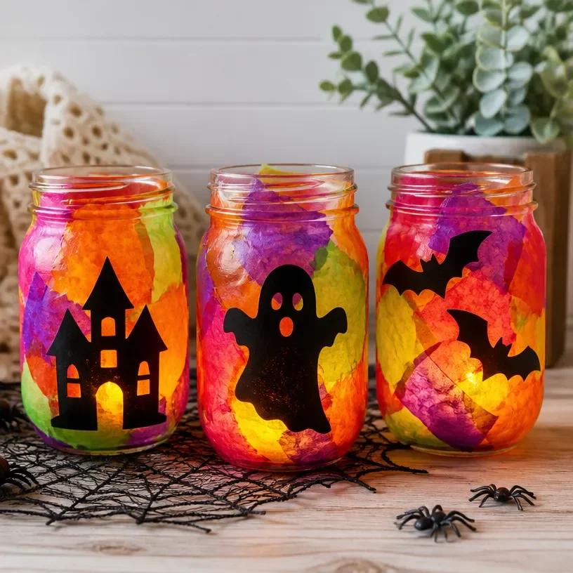 Vibrant rainbow haunted mason jar lanterns for festive Halloween decor