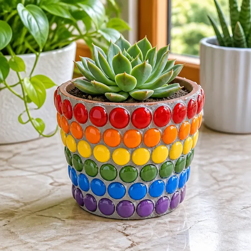 Vibrant Rainbow Mosaic Ceramic Flower Planter for beautiful garden decor