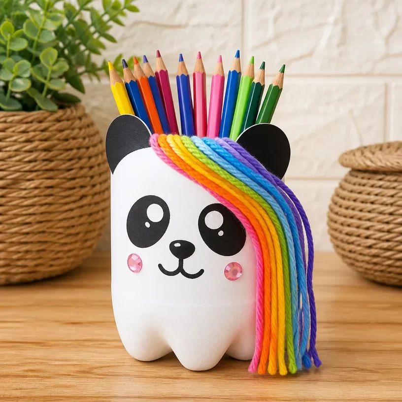 Rainbow panda pencil cup craft made from a recycled bottle for kids