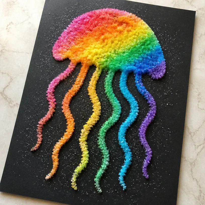 Rainbow Salt Painting tutorial featuring colorful jellyfish art.