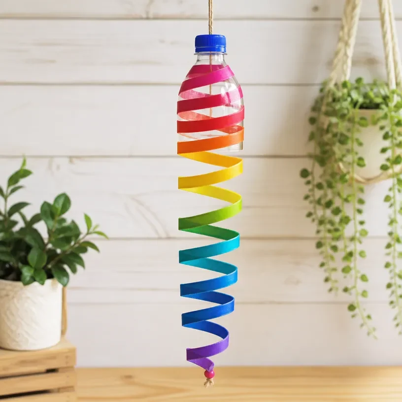 Rainbow Spiral Bottle made from recycled materials, showcasing colorful design