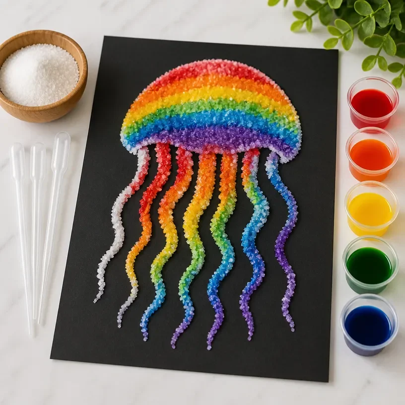 Salt painting jellyfish art tutorial with rainbow ocean colors