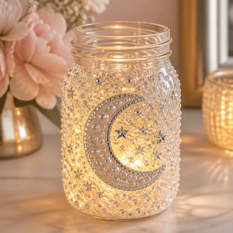 Sparkling Moon Mason Jar Lantern glowing in the dark