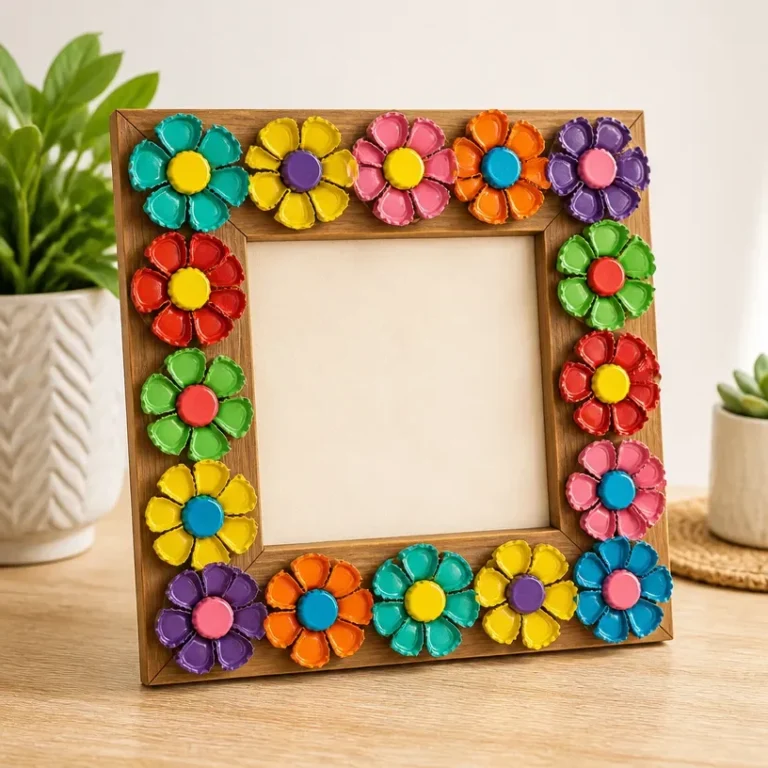Upcycled bottle cap floral wall art creating a colorful and charming home decor piece.