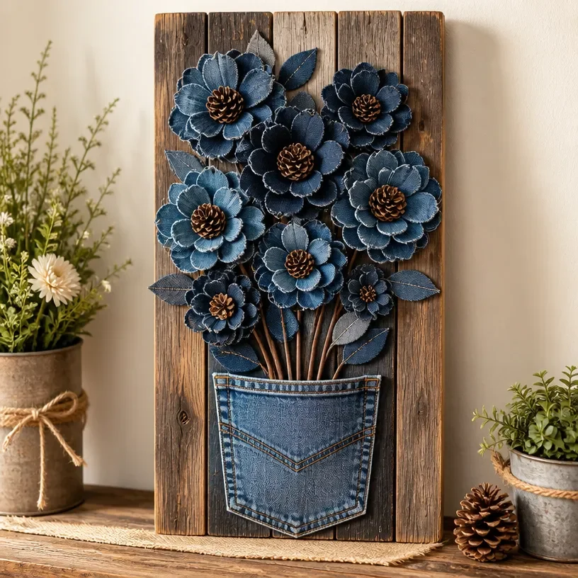Upcycled denim bouquet showcasing sustainable floral art.