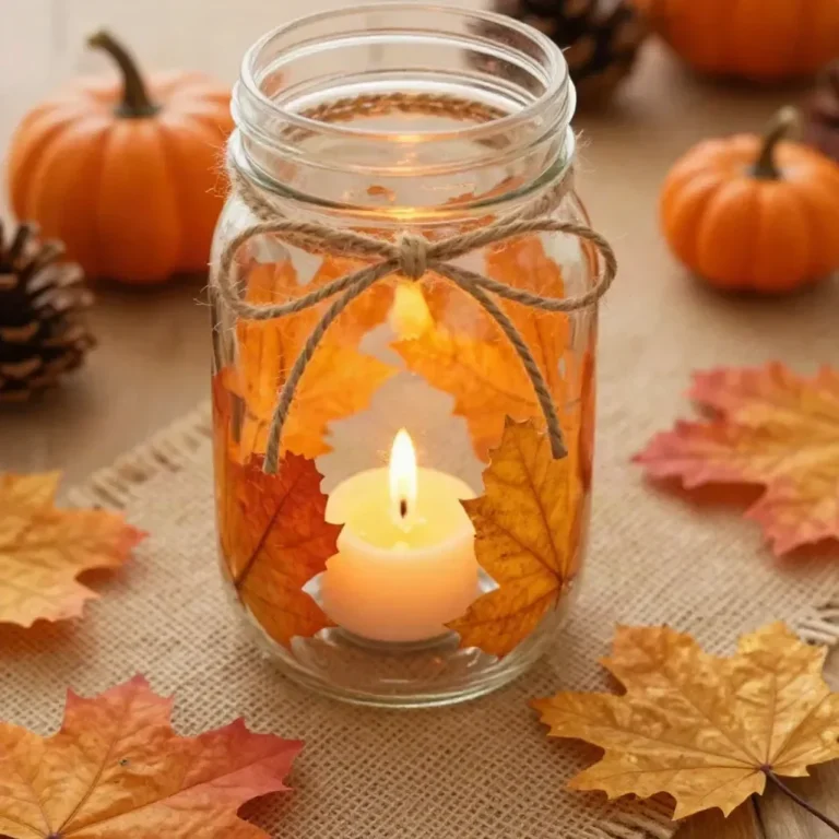 Upcycled glass jars turned into beautiful fall lanterns for home decor.