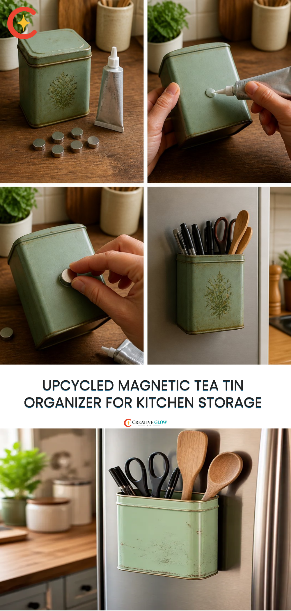 Upcycled Magnetic Tea Tin Organizer for Kitchen Storage