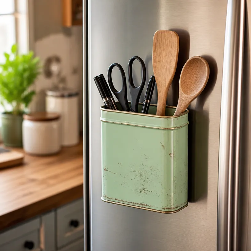 Upcycled Magnetic Tea Tin Organizer for Kitchen Storage