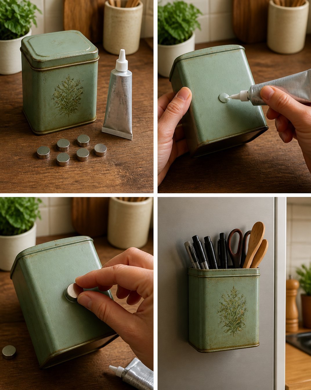 Upcycled Magnetic Tea Tin Organizer for Kitchen Storage
