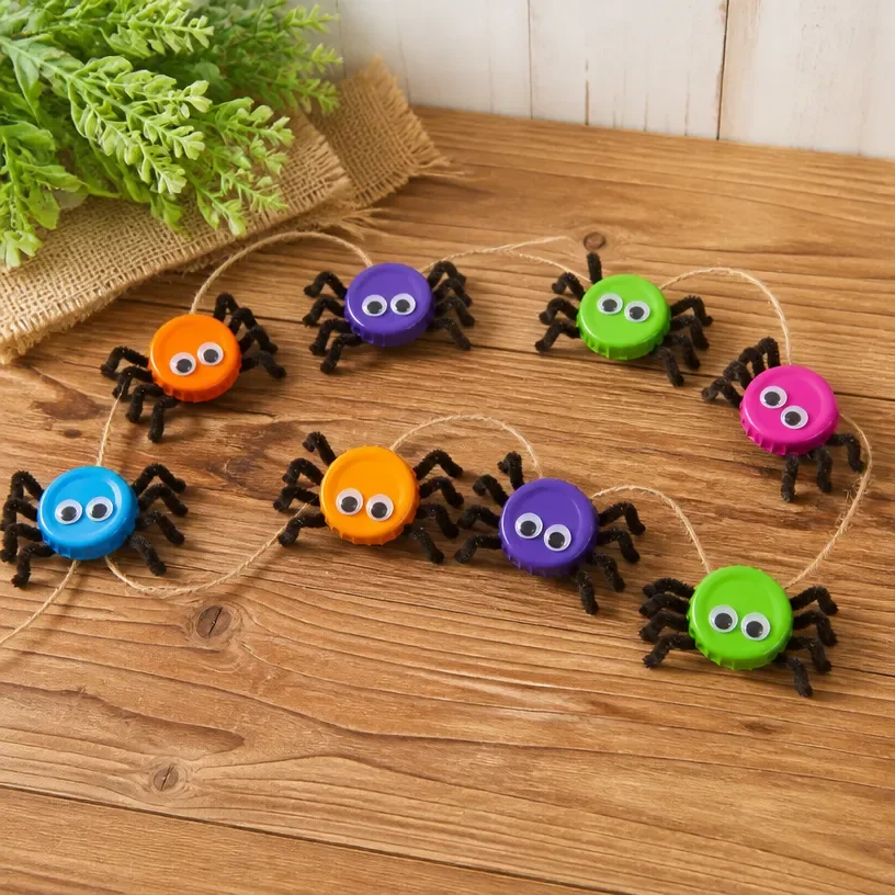 Vibrant Halloween spider garland crafted from recycled bottle caps for festive decor.