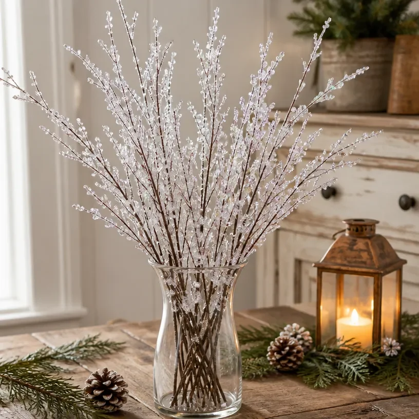 DIY winter centerpiece featuring faux ice branches for seasonal decoration