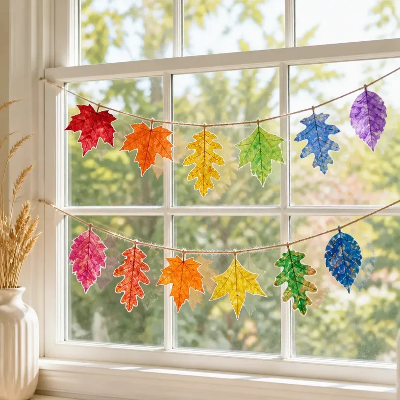 Rainbow-Color Pressed-Leaf Window Garland for Home Decor