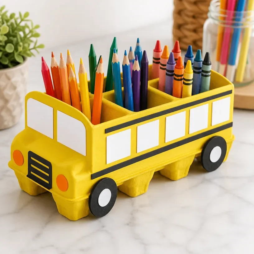 DIY Rainbow School Bus Egg Carton Organizer