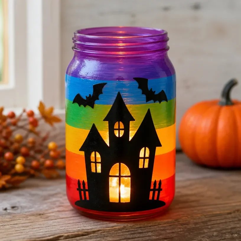 Rainbow-Hued Haunted House Lantern for Dollar Store Halloween Decor