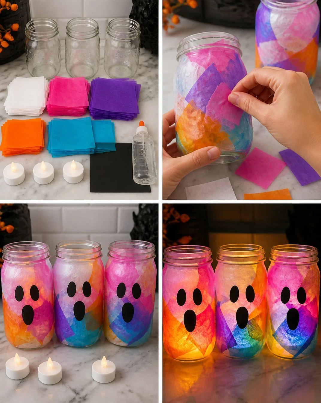 Colorful Rainbow Glow Ghostly Mason Jar Lanterns for DIY Halloween Decor