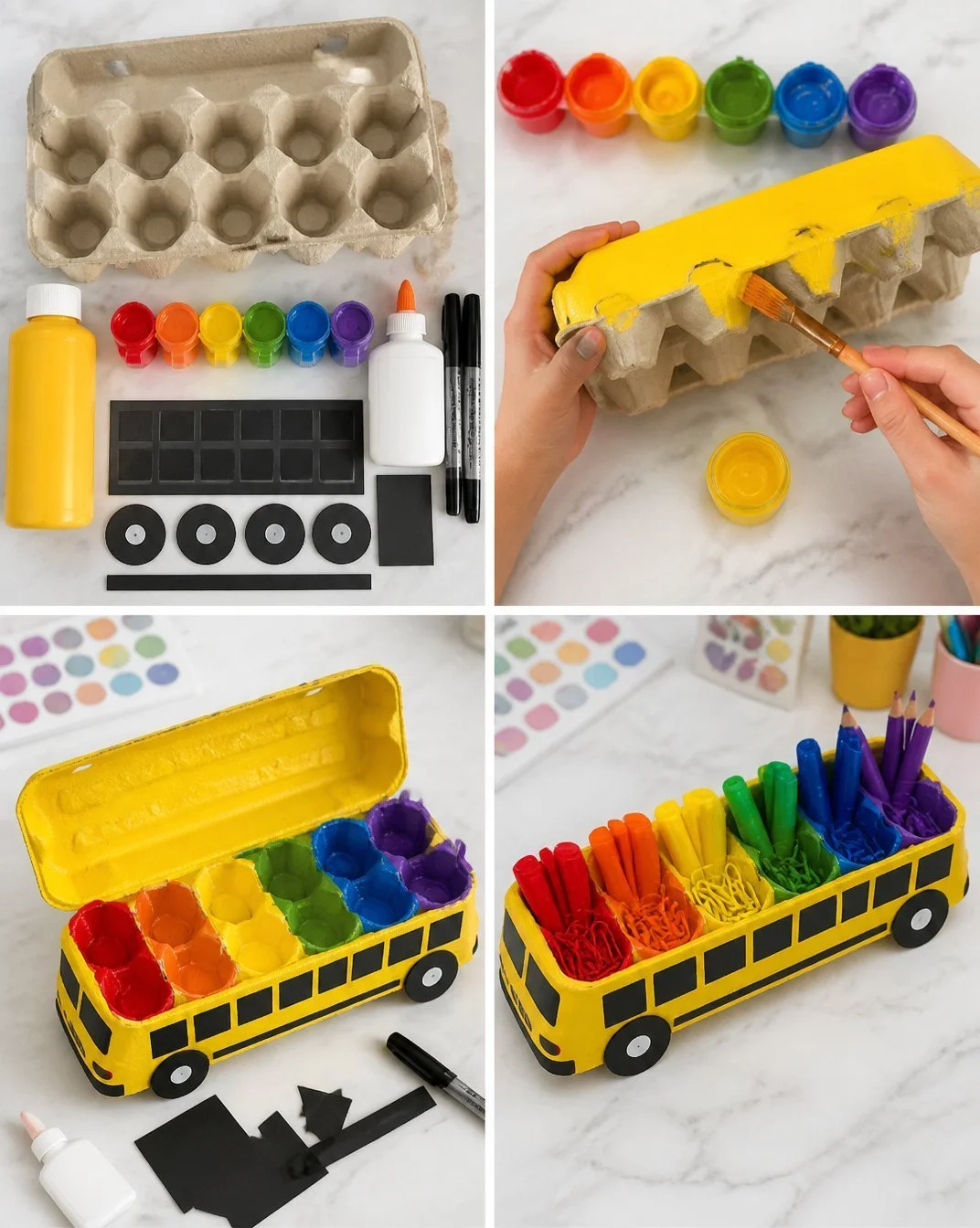 DIY Rainbow School Bus Egg Carton Organizer