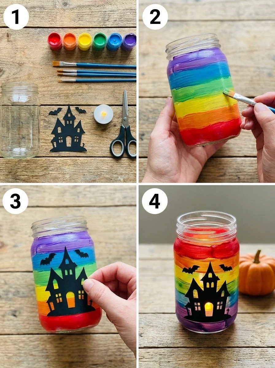 Rainbow-Hued Haunted House Lantern for Dollar Store Halloween Decor