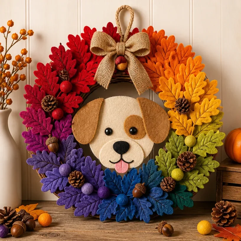 Autumn Rainbow Puppy Leaf Wreath for seasonal home decor