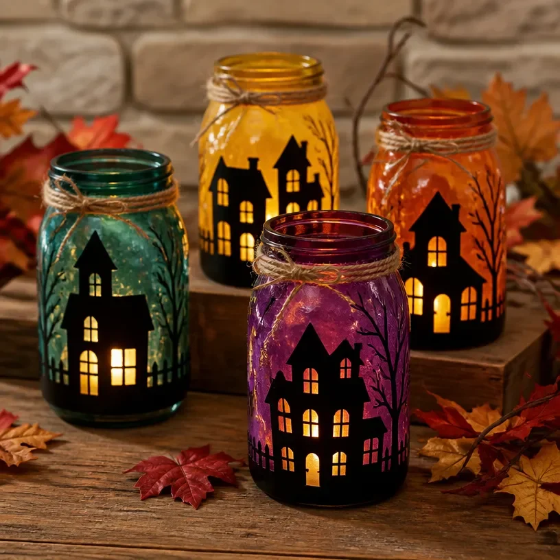 Colorful Mason Jar Lanterns for Halloween decor in a haunted village setting