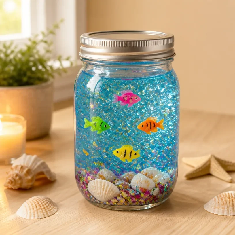 Colorful ocean-inspired rainbow jar craft displayed on a table