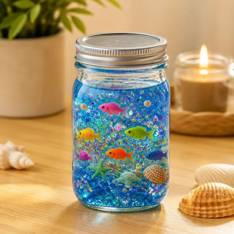 Colorful ocean-inspired rainbow jar craft with vibrant layers
