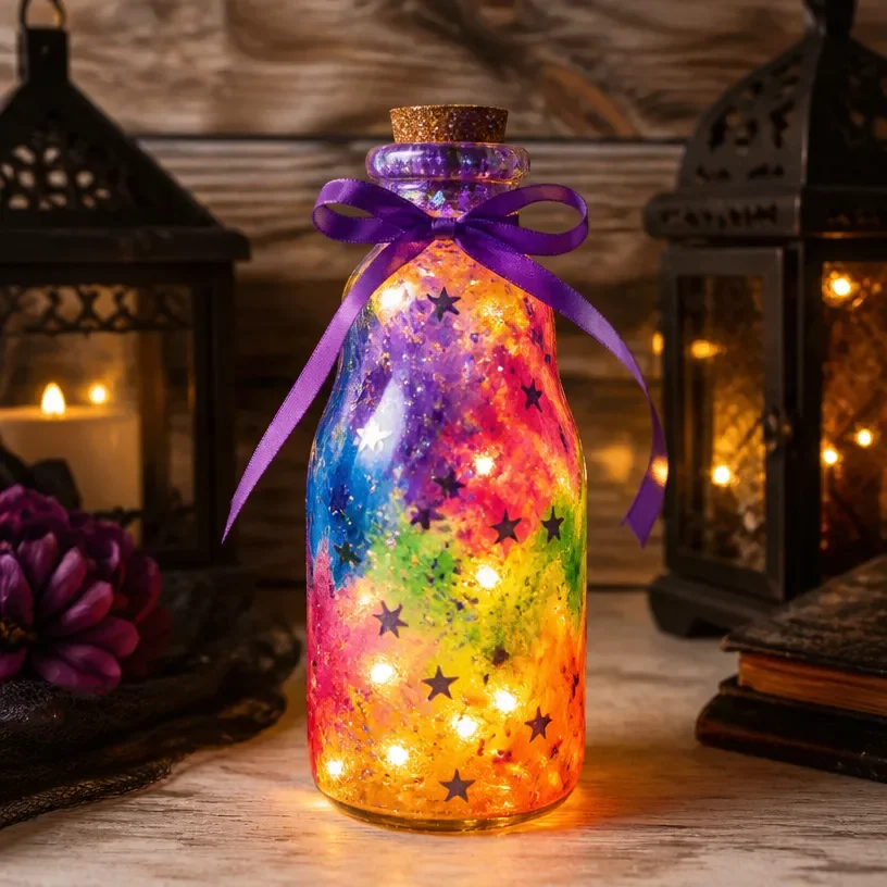 Colorful potion bottle lantern as Halloween decor