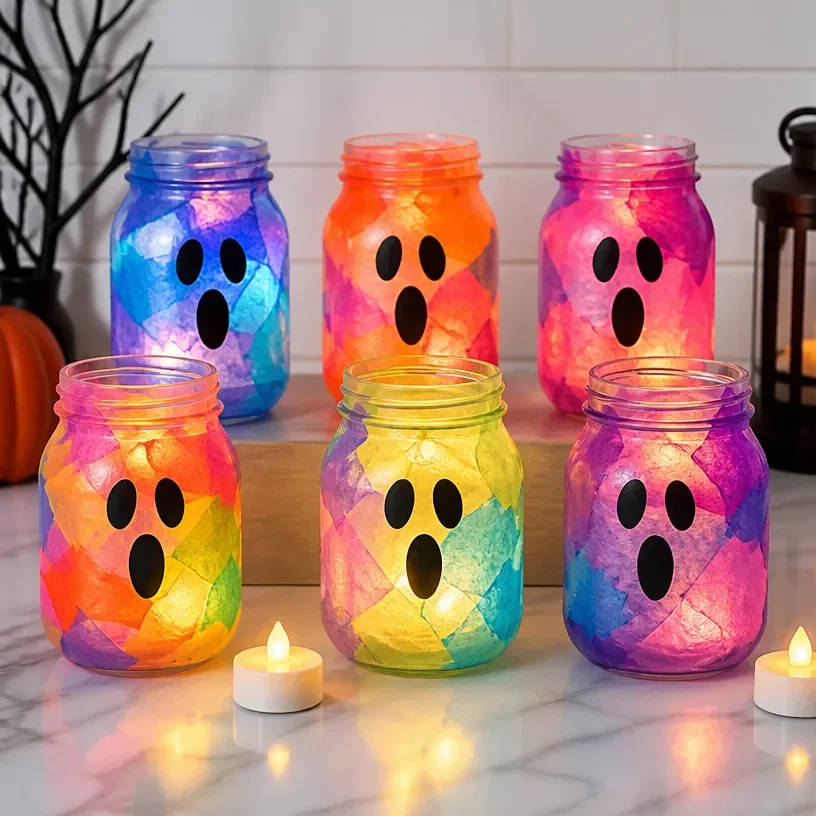 Colorful rainbow glow ghostly mason jar lanterns for Halloween decor