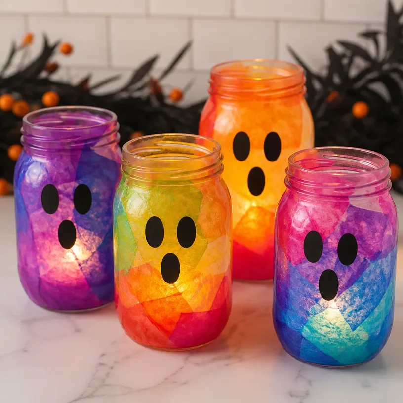 Colorful rainbow glow ghostly mason jar lanterns for Halloween decor