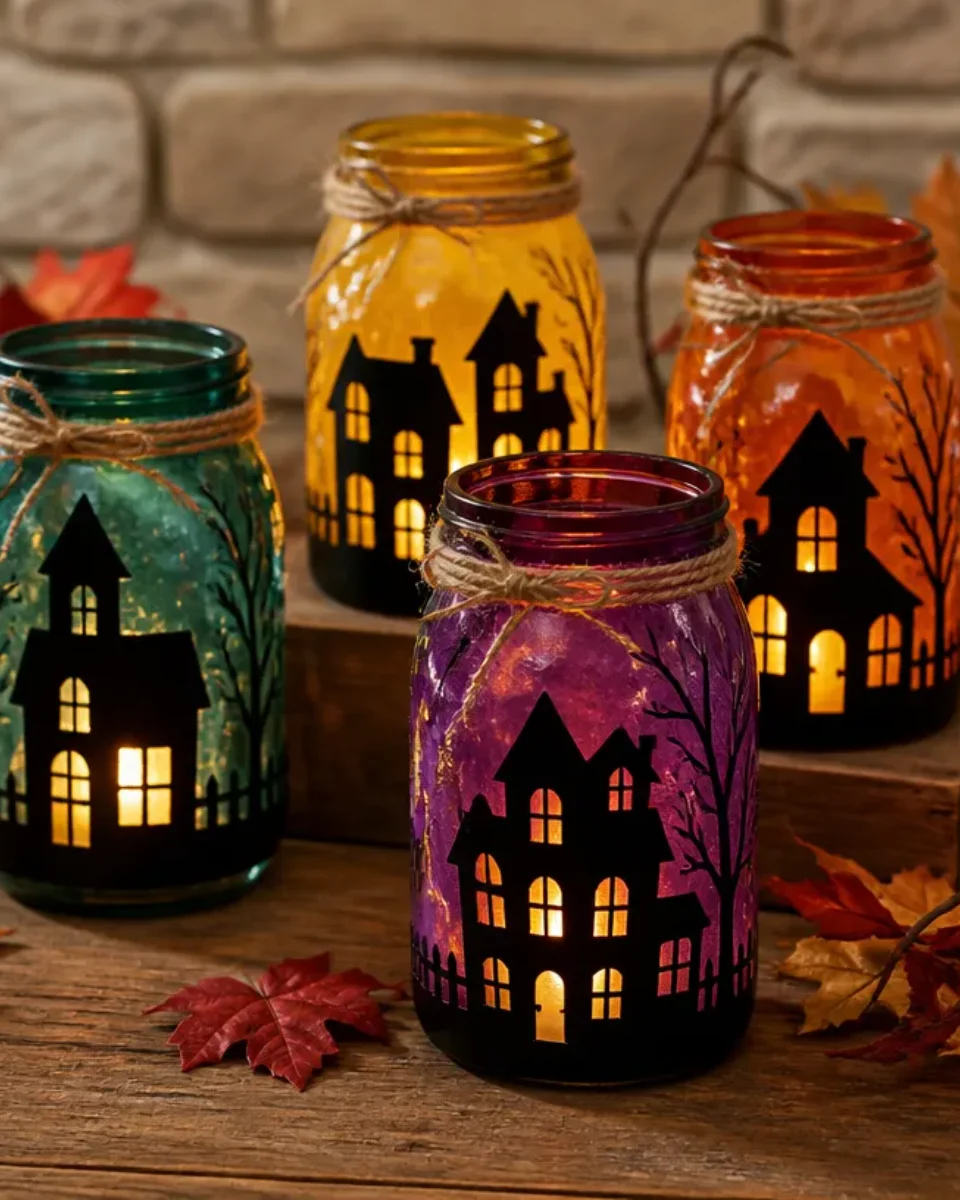 Colorful Mason Jar Lanterns for Haunted Village Halloween Decor
