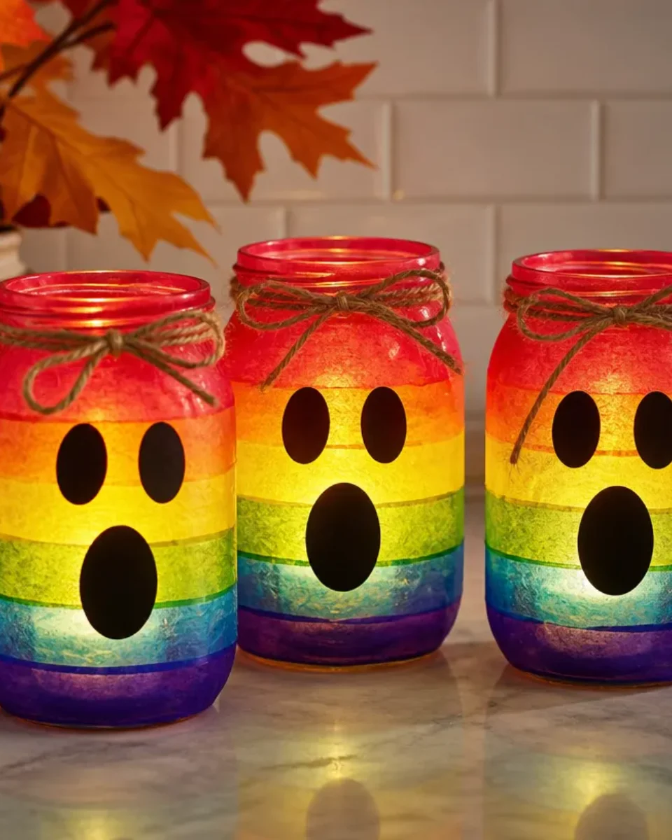 DIY Rainbow Ghost Mason Jar Lanterns for Halloween Decor
