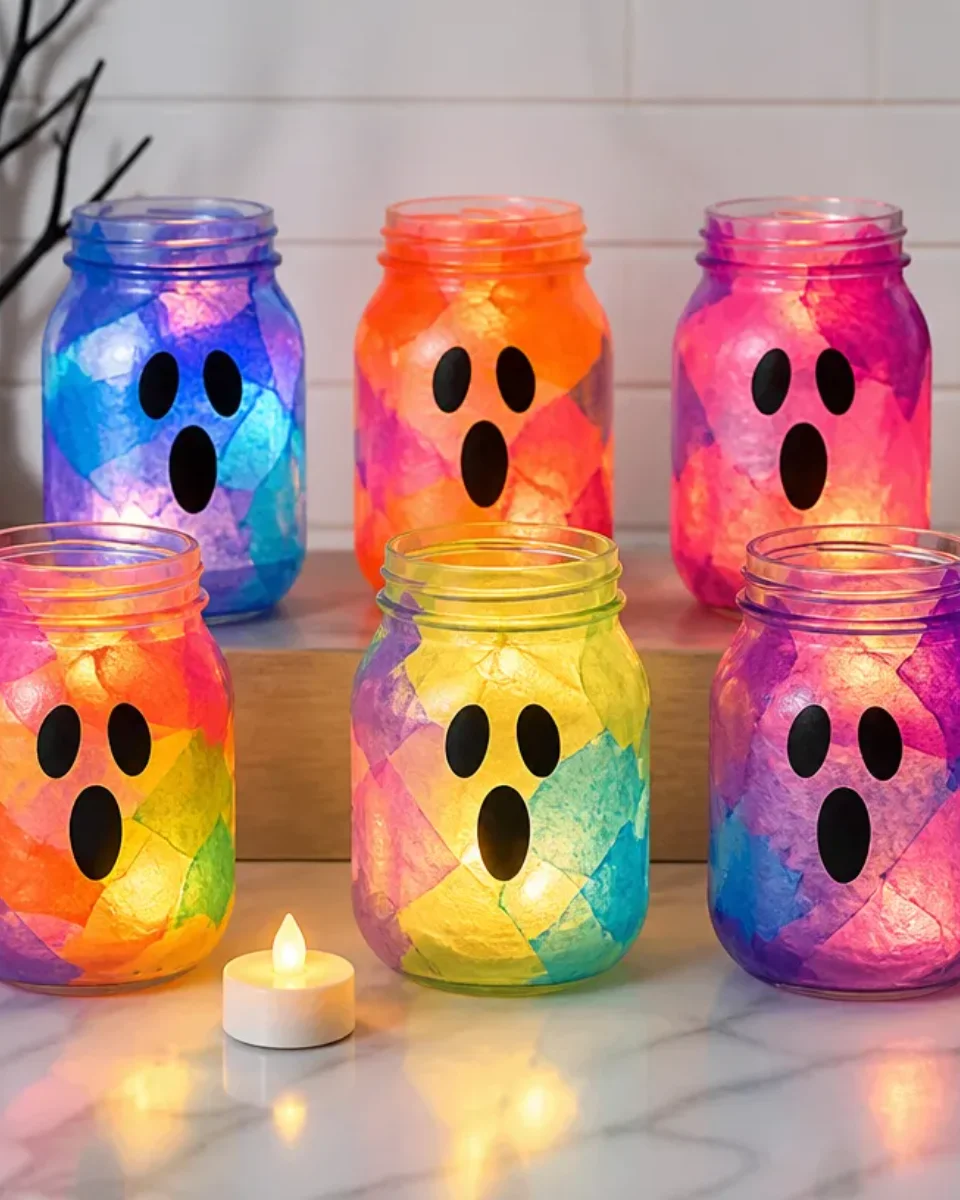 Colorful Rainbow Glow Ghostly Mason Jar Lanterns for DIY Halloween Decor