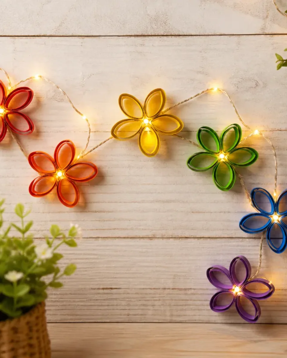 Rainbow Recycled Flower Garland with Fairy Lights