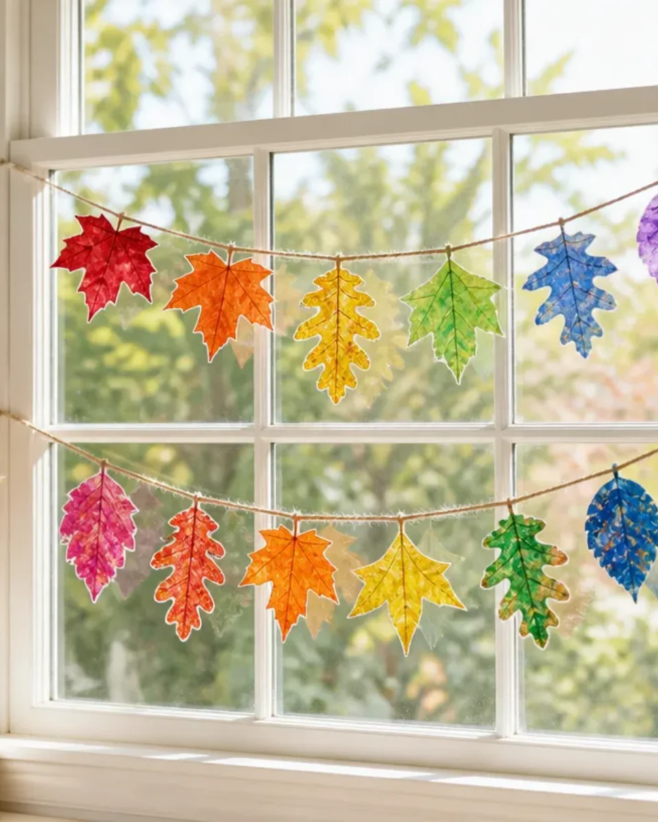 Rainbow-Color Pressed-Leaf Window Garland for Home Decor