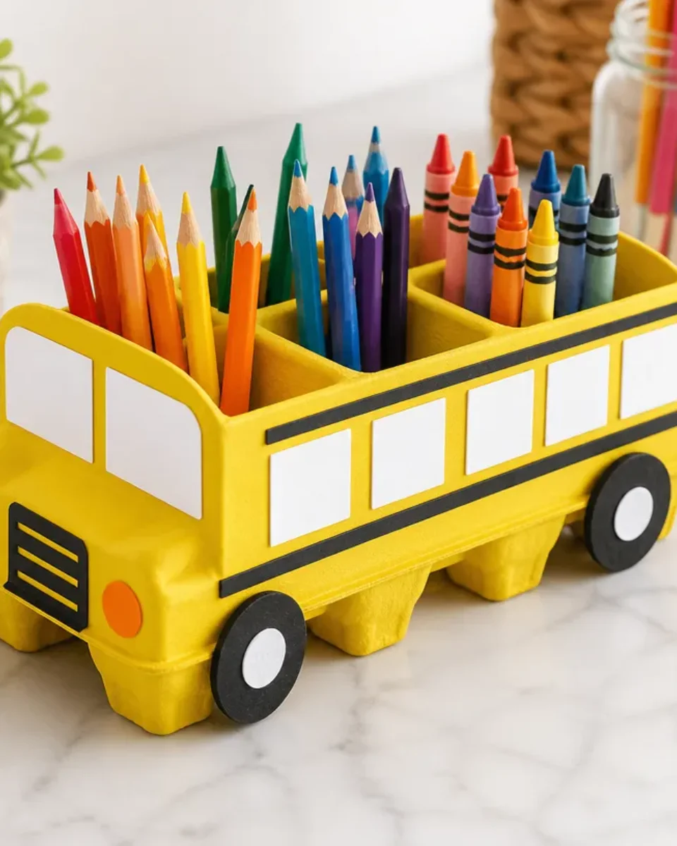 DIY Rainbow School Bus Egg Carton Organizer