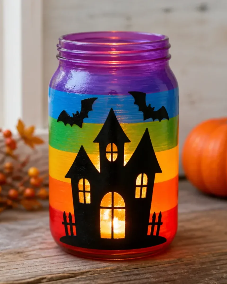 Rainbow-Hued Haunted House Lantern for Dollar Store Halloween Decor