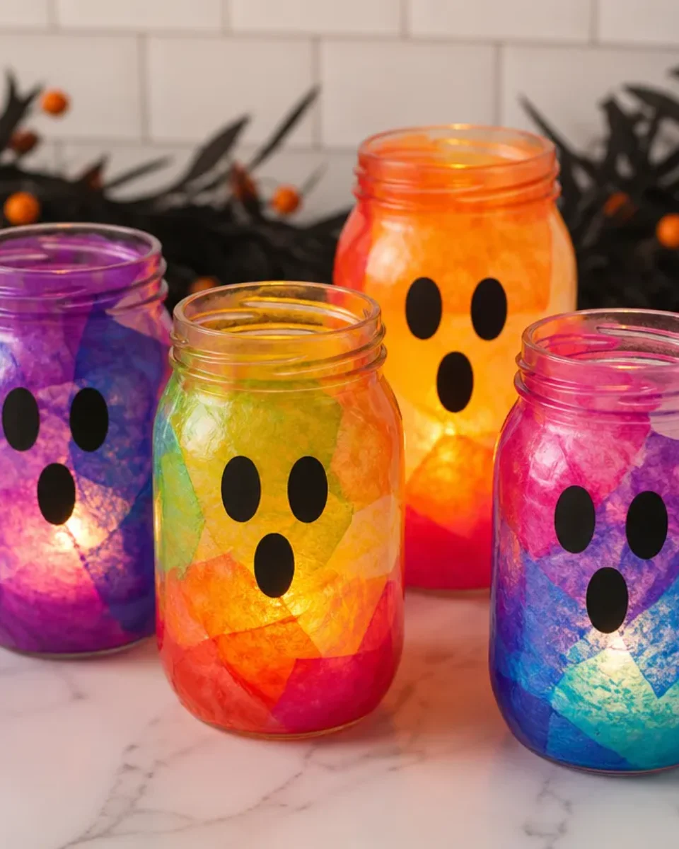 Colorful Rainbow Glow Ghostly Mason Jar Lanterns for DIY Halloween Decor