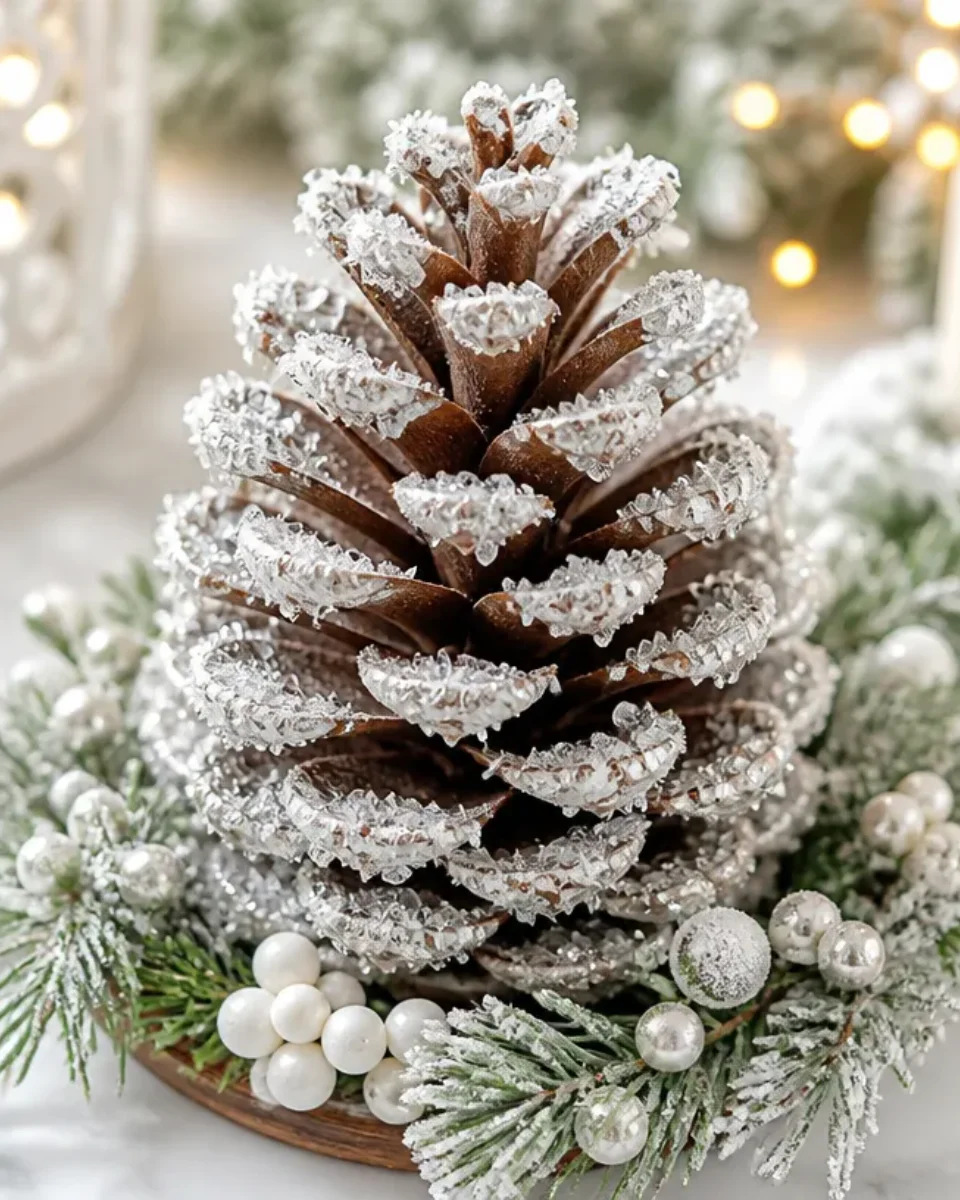 Winter Pinecone Decor with Frosted Crystal Shine