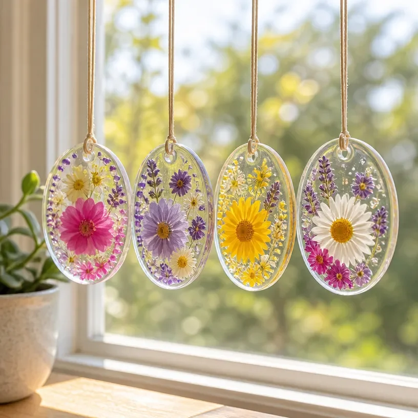 DIY clear glue flower suncatchers hanging in a sunny window for decor