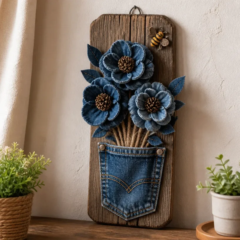 DIY denim bouquet made from recycled jeans for eco-friendly home decor