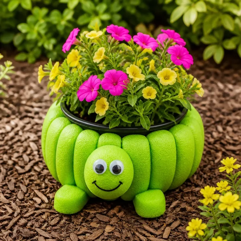 DIY pool noodle turtle planter for vibrant garden decor