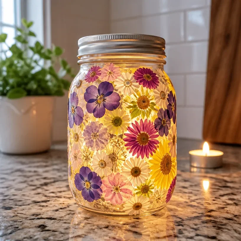 DIY pressed-flower lanterns with vibrant floral designs illuminated at night